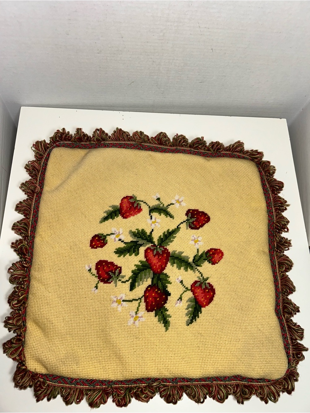 Vintage Strawberry Needlepoint Fringe Zip Pillow Cover